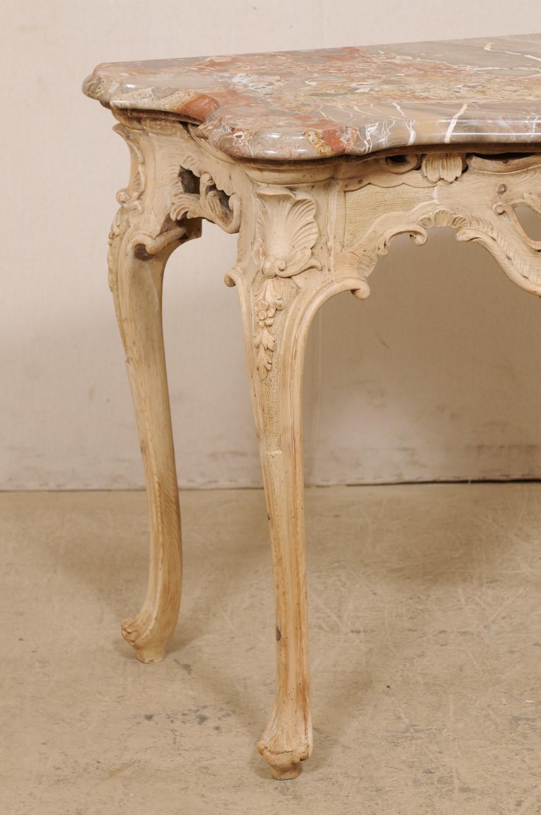 20th Century Italian Rococo-Style Carved & Bleached Console Table W/ Original Marble Top  