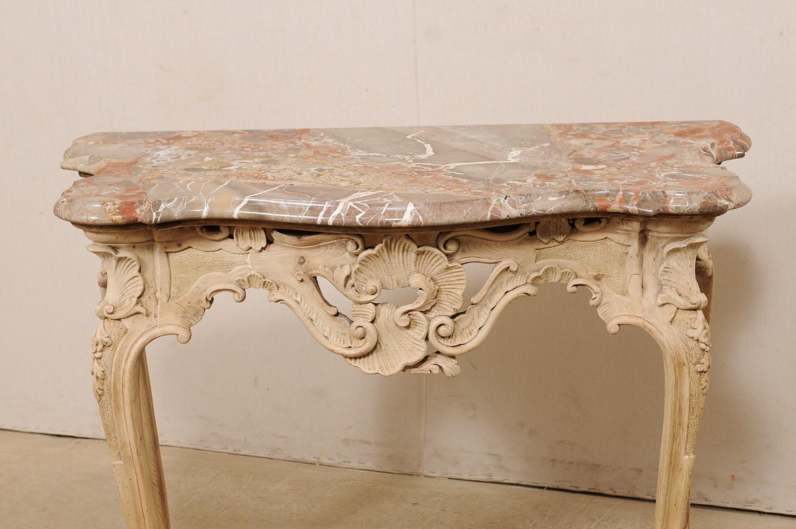 Italian Rococo-Style Carved & Bleached Console Table W/ Original Marble Top   1