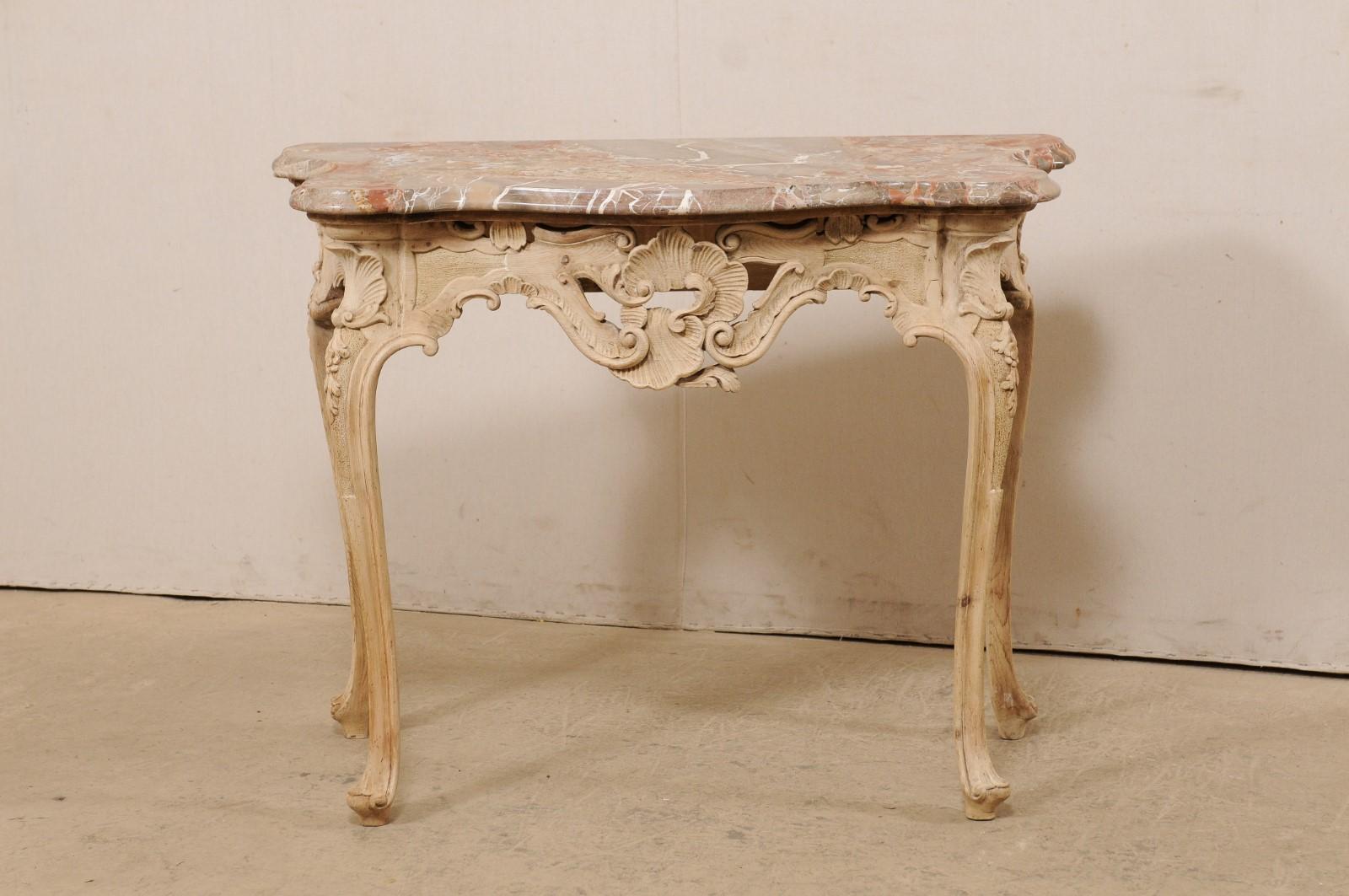 Italian Rococo-Style Carved & Bleached Console Table W/ Original Marble Top   2