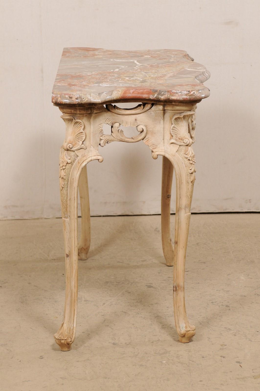 Italian Rococo-Style Carved & Bleached Console Table W/ Original Marble Top   3
