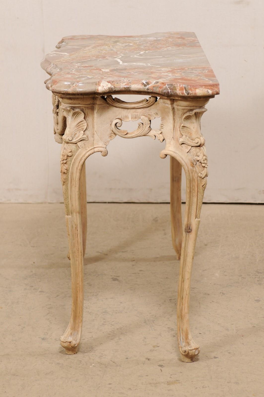 Italian Rococo-Style Carved & Bleached Console Table W/ Original Marble Top   5