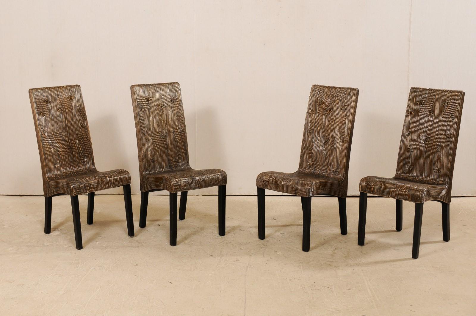A vintage Italian set of four chairs, artfully crafted with bent reed seat and backs. This set of side chairs from Italy are artisan made with great detail to the design placement of the reeds, inspired by wood grain, which make up the covering of
