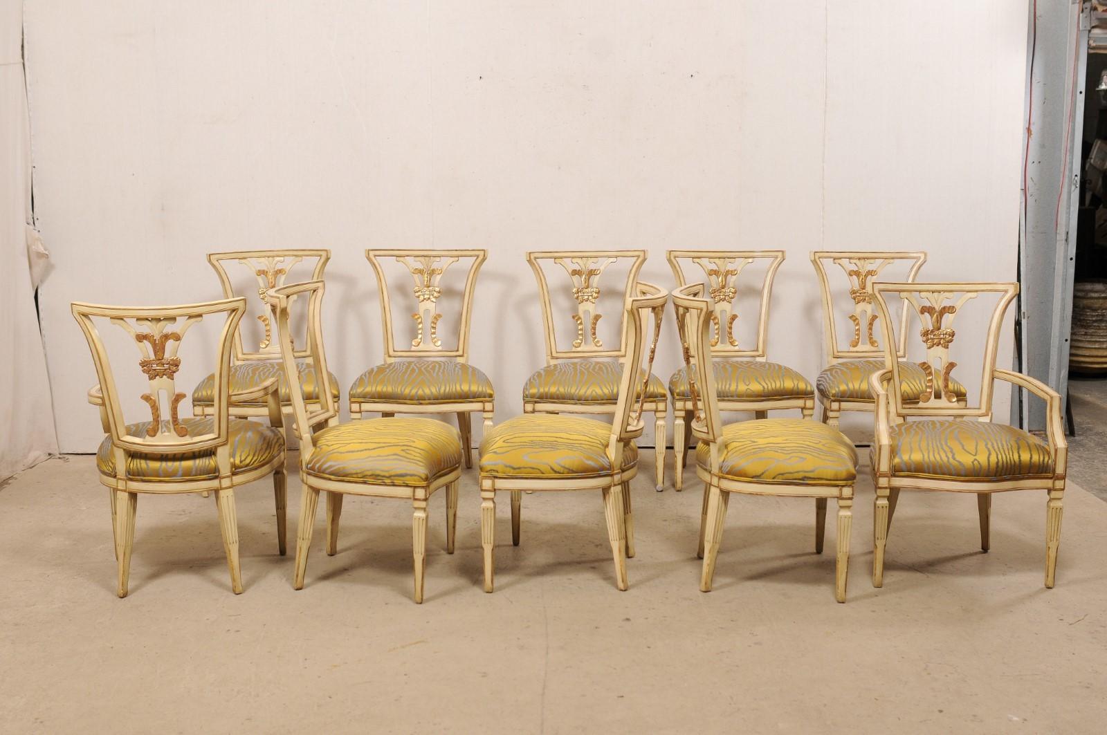 Upholstery Italian Set of Ten Dining Chairs W/ Front and Backs Carved & W/Original Gilt