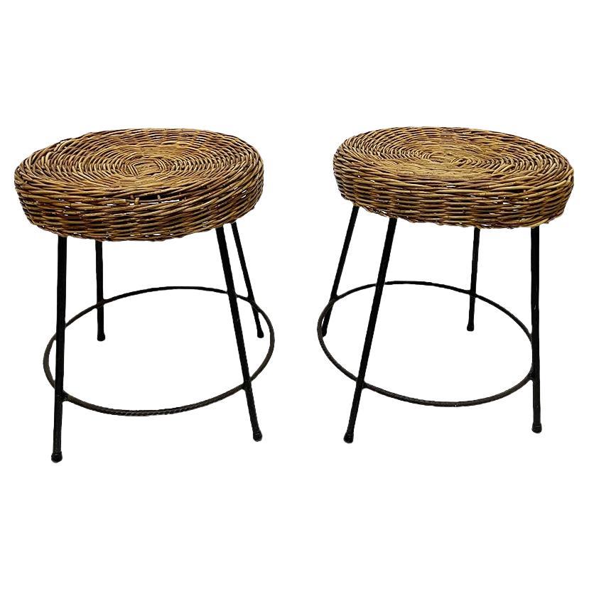 Italian Set of Wicker and Wrought Iron Stools, 1950s For Sale