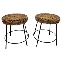 Vintage Italian Set of Wicker and Wrought Iron Stools, 1950s