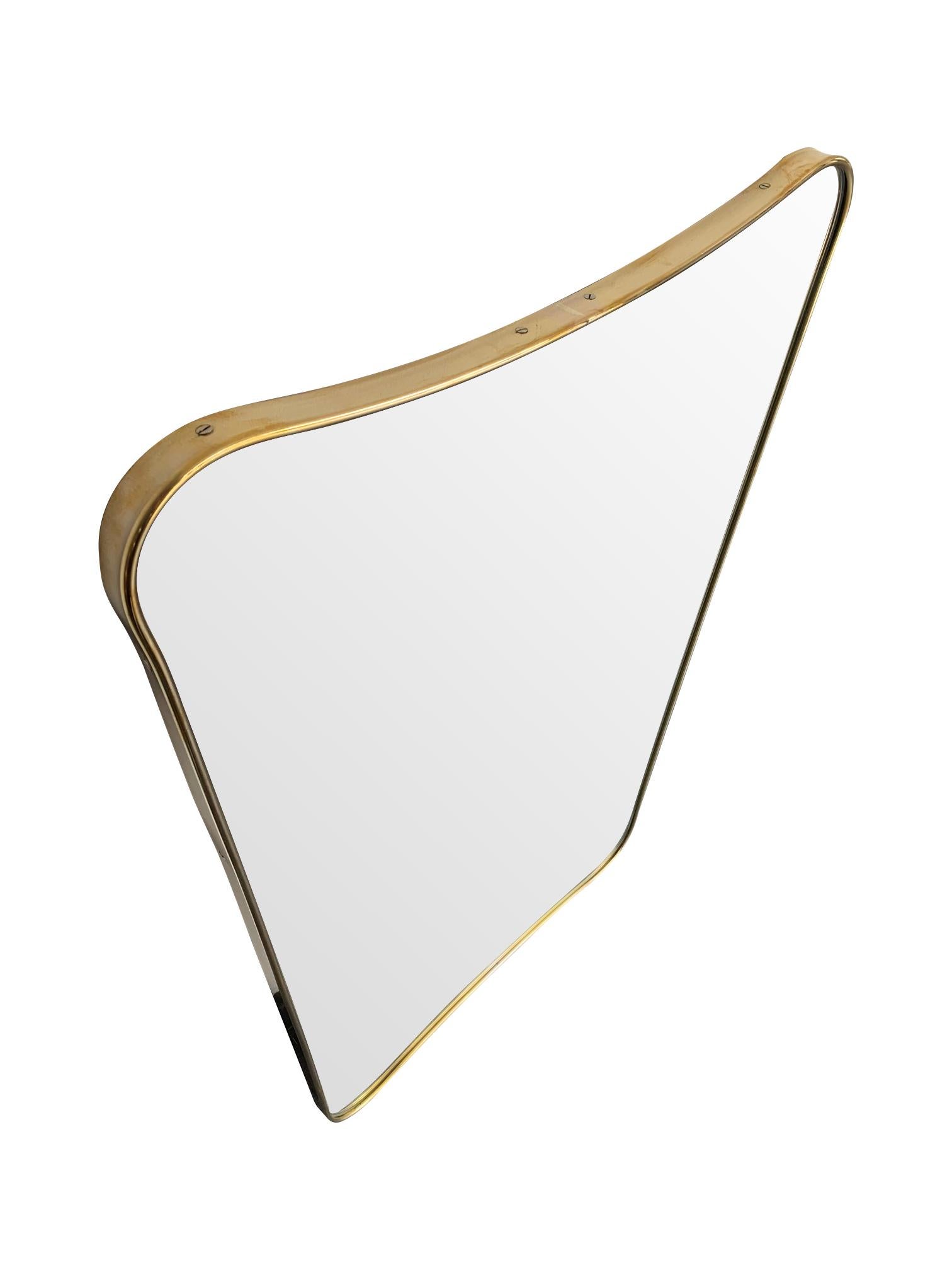 Mid-Century Modern Italian Shield Mirror with Brass Surround in the Style of Gio Ponti