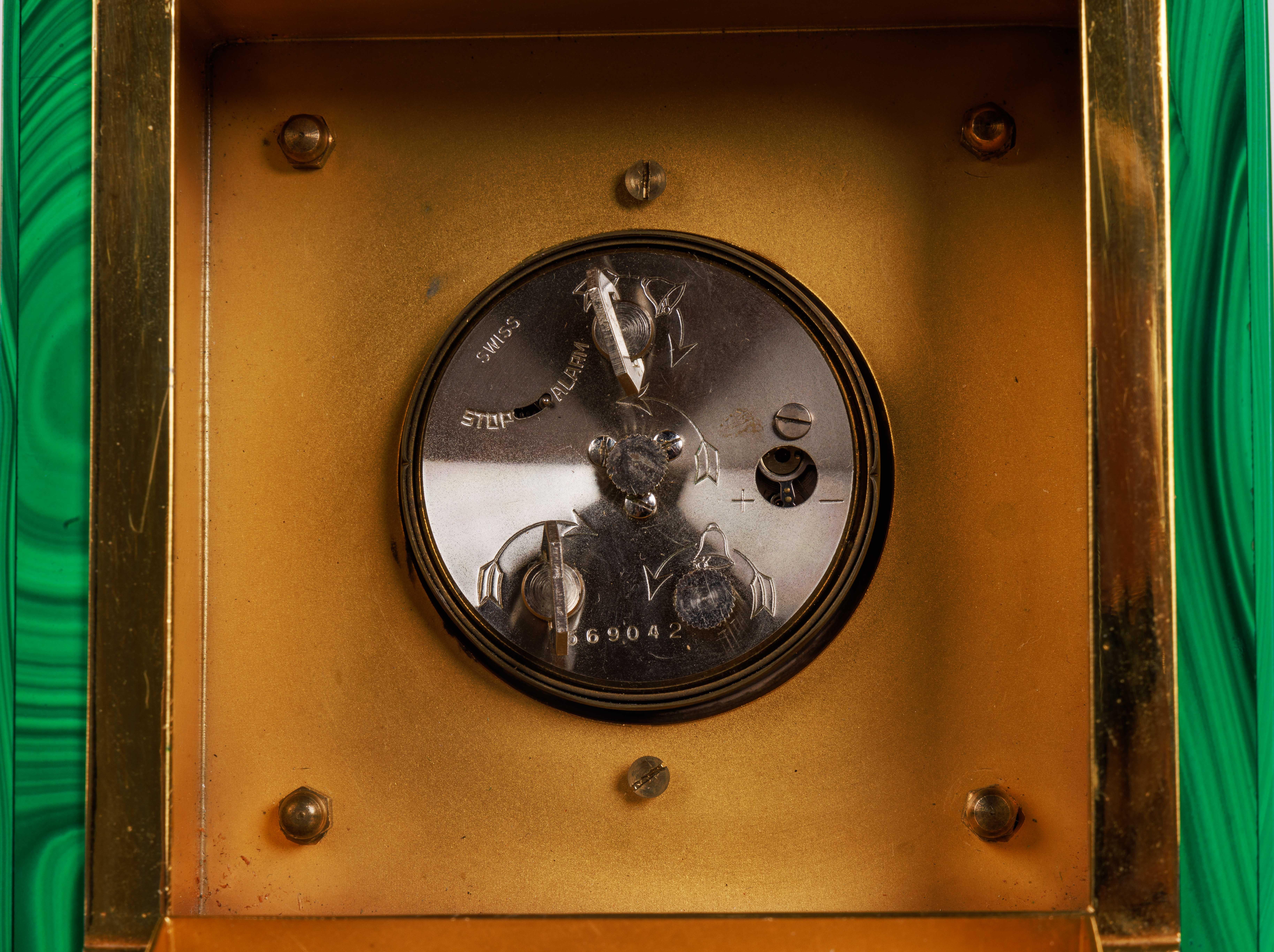 Italian Silver-Gilt and Malachite Desk Clock with Diana the Huntress, C. 1960 11