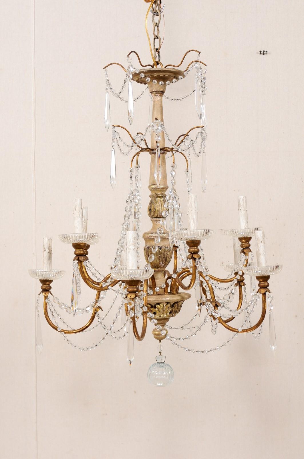 Italian Ten-Light Wood Column Chandelier with Crystal Adornment Mid-20th Century 7