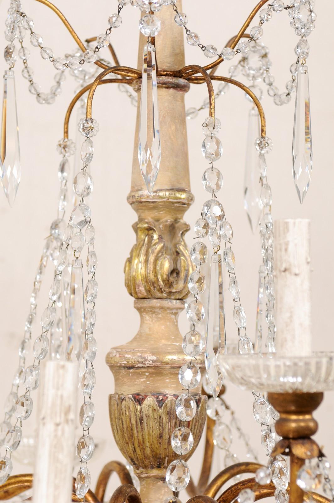 Italian Ten-Light Wood Column Chandelier with Crystal Adornment Mid-20th Century 2