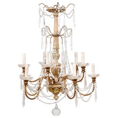 Italian Ten-Light Wood Column Chandelier with Crystal Adornment Mid-20th Century