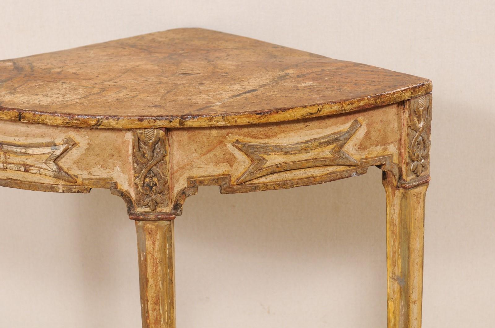 Wood Italian Three-Legged Corner Table with Faux Marble Painted Top, Mid-20th Century For Sale