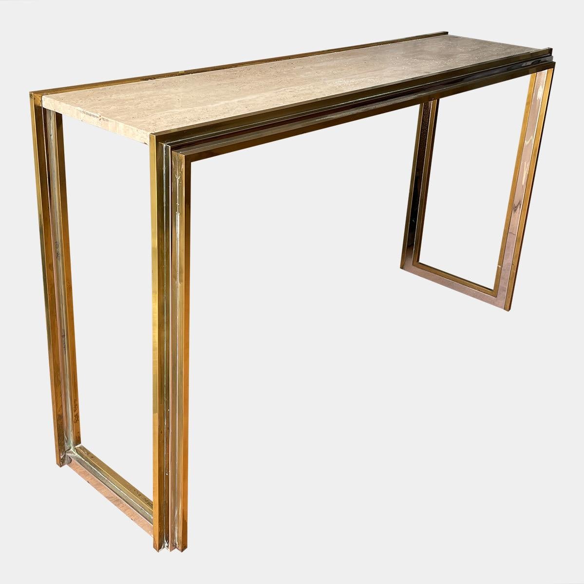 Hollywood Regency Table console italienne en laiton surmonté de travertin et chrome en vente