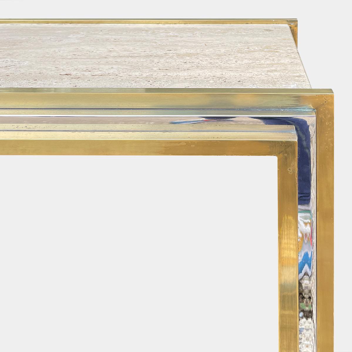 Table console italienne en laiton surmonté de travertin et chrome Bon état - En vente à London, GB
