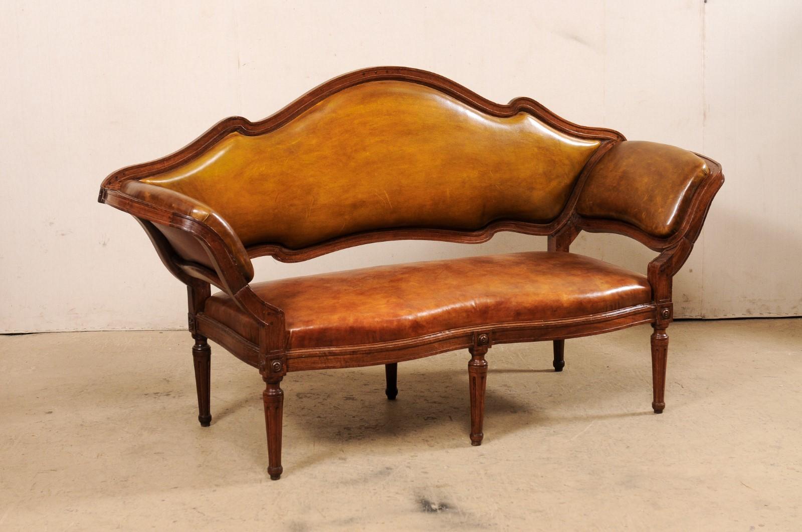 Italian Venetian Leather Upholstered & Carved Wood Settee Sofa, 19th Century For Sale 2