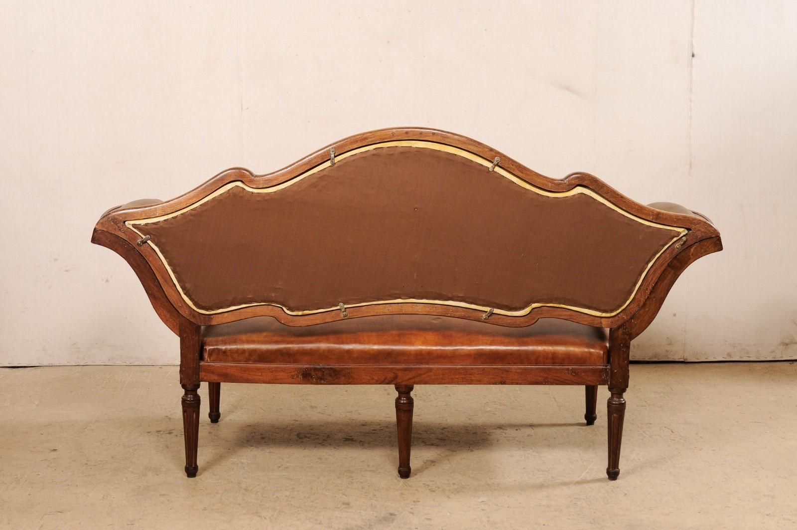 Italian Venetian Leather Upholstered & Carved Wood Settee Sofa, 19th Century For Sale 5