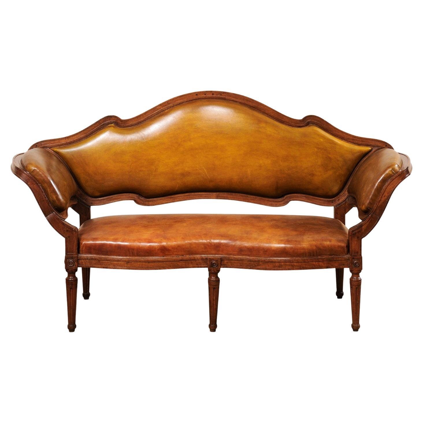 Italian Venetian Leather Upholstered & Carved Wood Settee Sofa, 19th Century For Sale