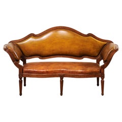 Antique Italian Venetian Leather Upholstered & Carved Wood Settee Sofa, 19th Century