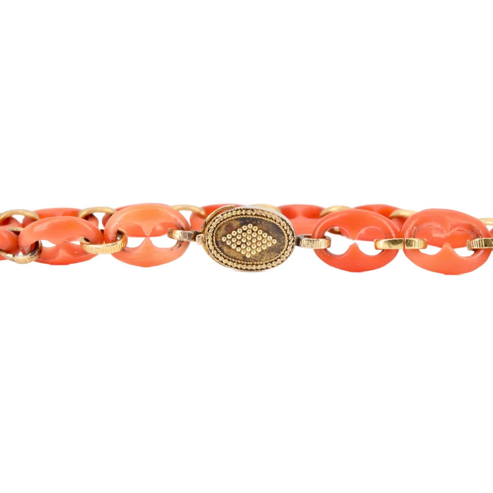 Victorian An Italian victorian period handmade carved coral link bracelet with 18 karat go For Sale