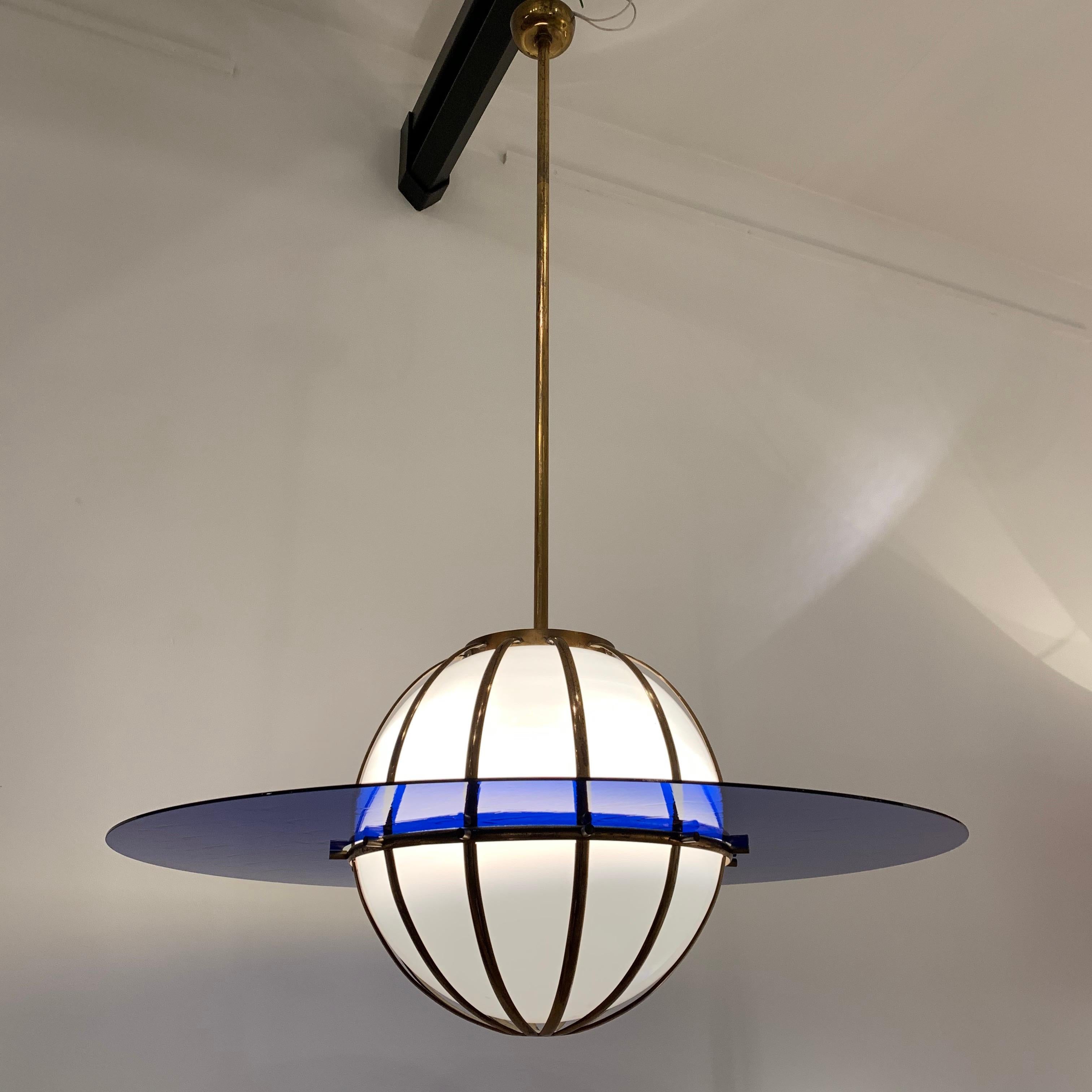 Italian White and Blue Glass Brass Lantern, circa 2005 In Good Condition In Brussels, BE