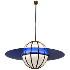 Italian White and Blue Glass Brass Lantern, circa 2005