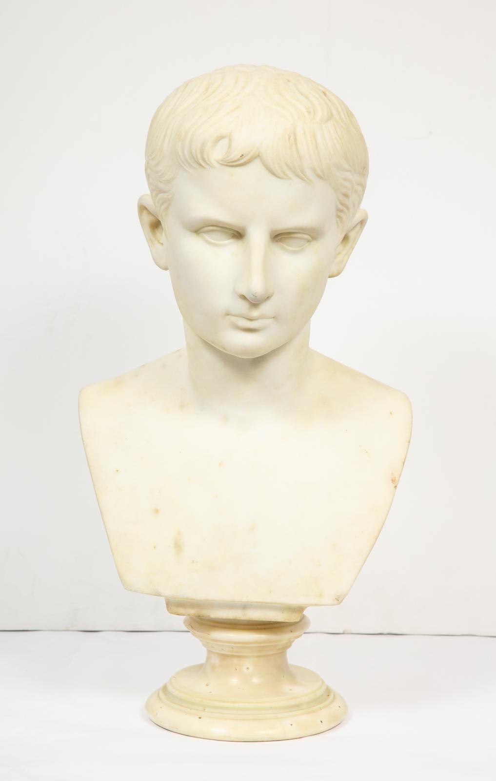 A fine Italian Grand Tour white marble figural bust of Augustus Caesar,
Rome, circa 1875.

Very nice quality marble bust of Augustus Caesar, unsigned.

Good condition, needs to be cleaned, minor chips to the round socle base.

Measures: 21