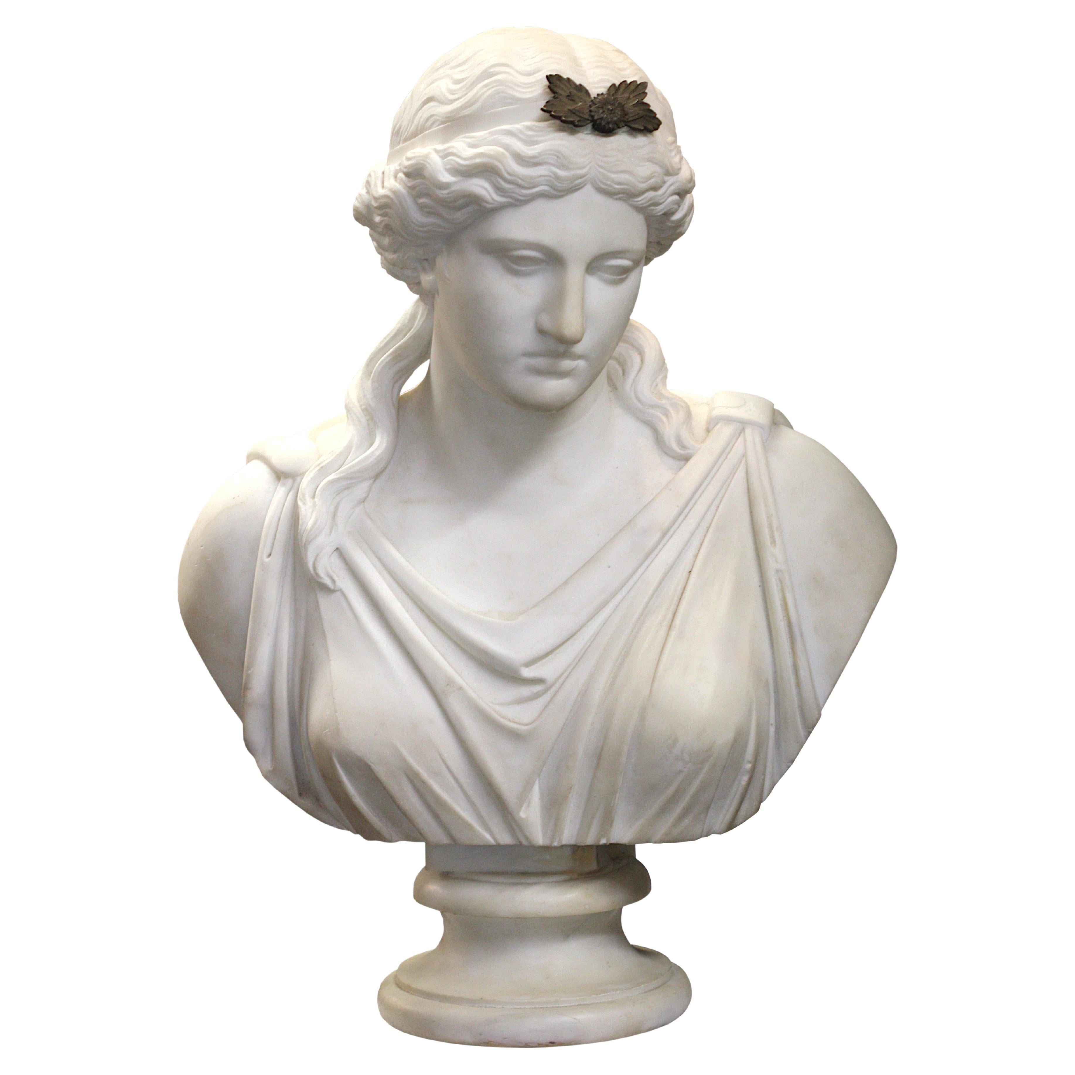 Italian White Marble Portrait Bust of a Lady For Sale