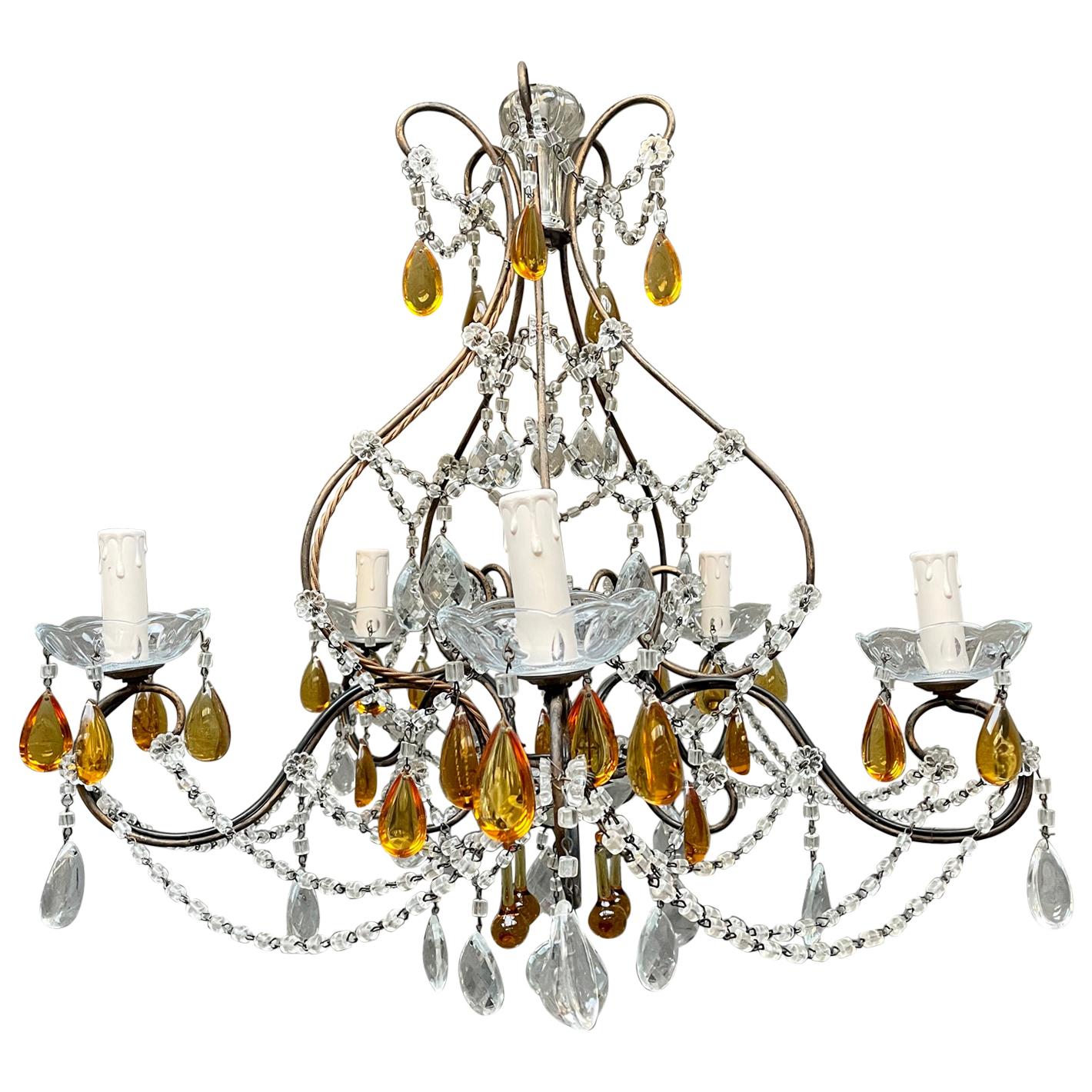 Italian Wrought Iron and Glass Chandelier