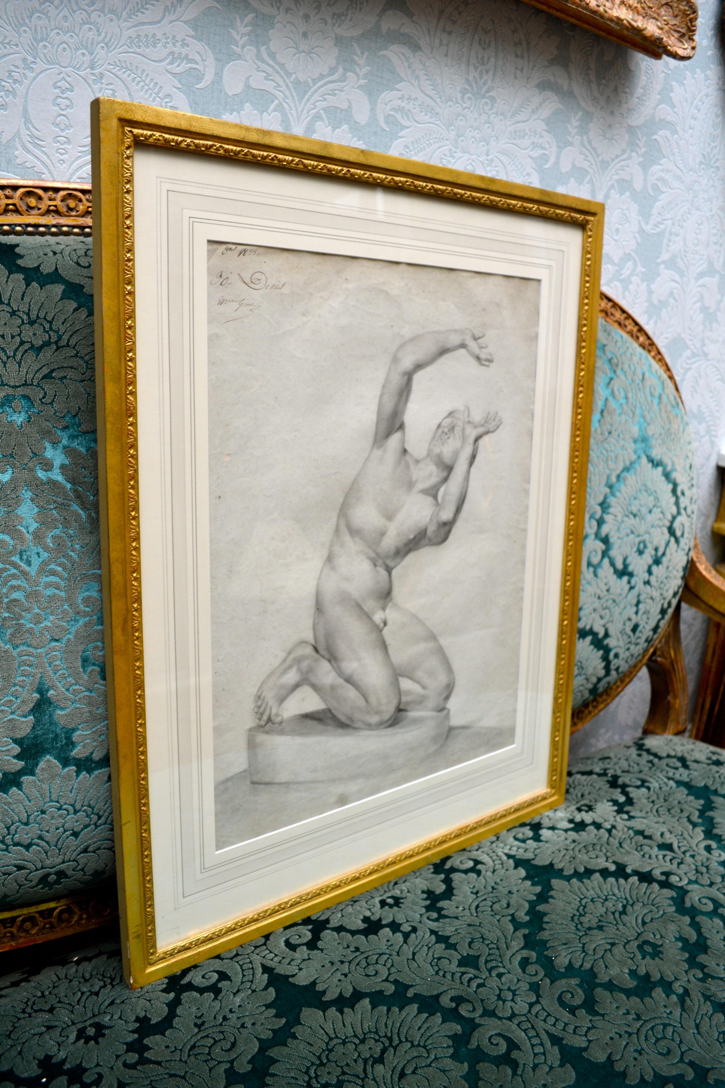 Mid-19th Century Neoclassical Academy Nude Drawing Signed C. Denis In Good Condition In Vancouver, British Columbia