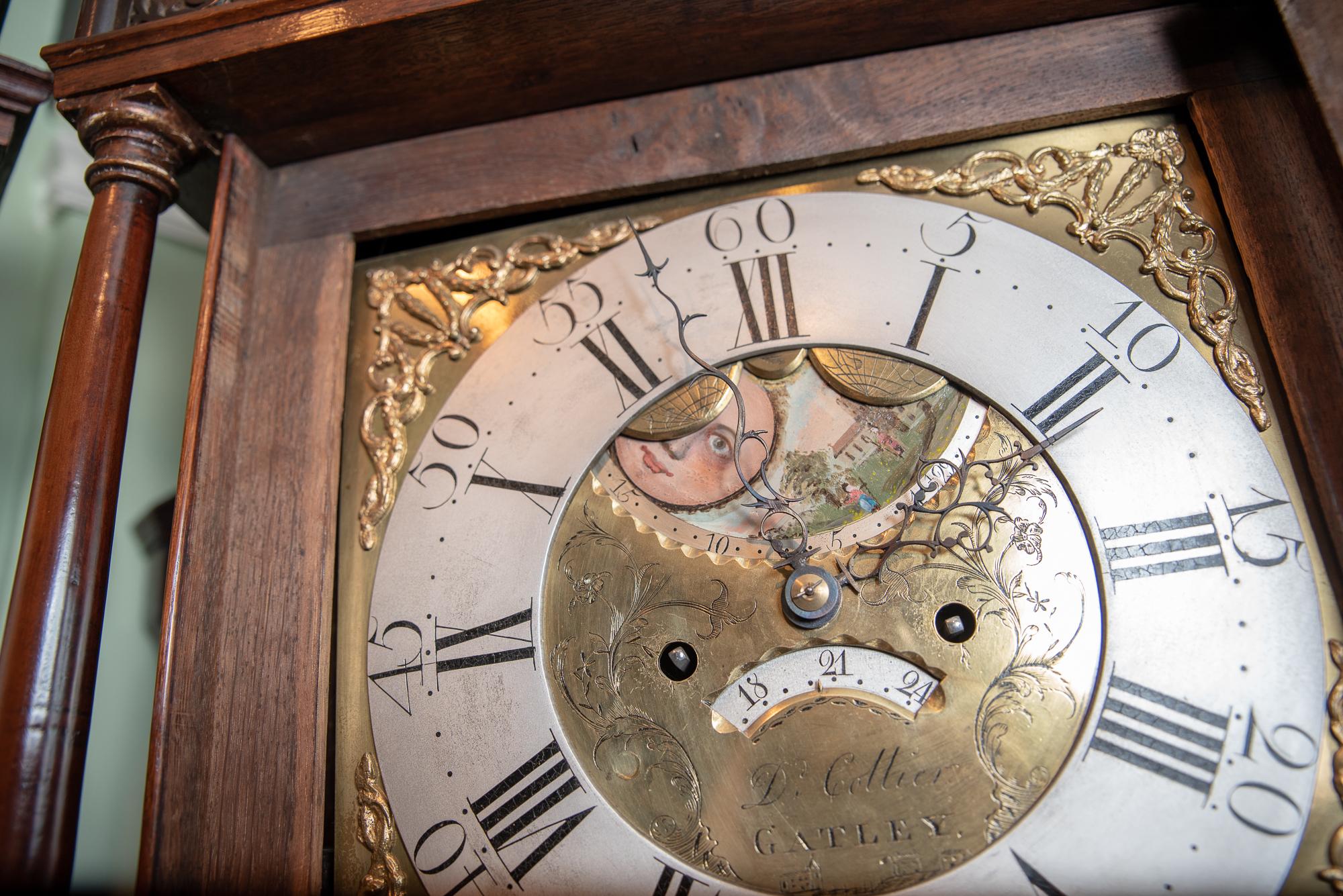 A very fine 8 day square brass dial moon phase clock, by David Collier of Gatley Green, Manchester. Recorded working, circa 1750-1762.
In a well proportioned high quality quarter sawn oak case, with medullary rays, mahogany banding, reeded corners