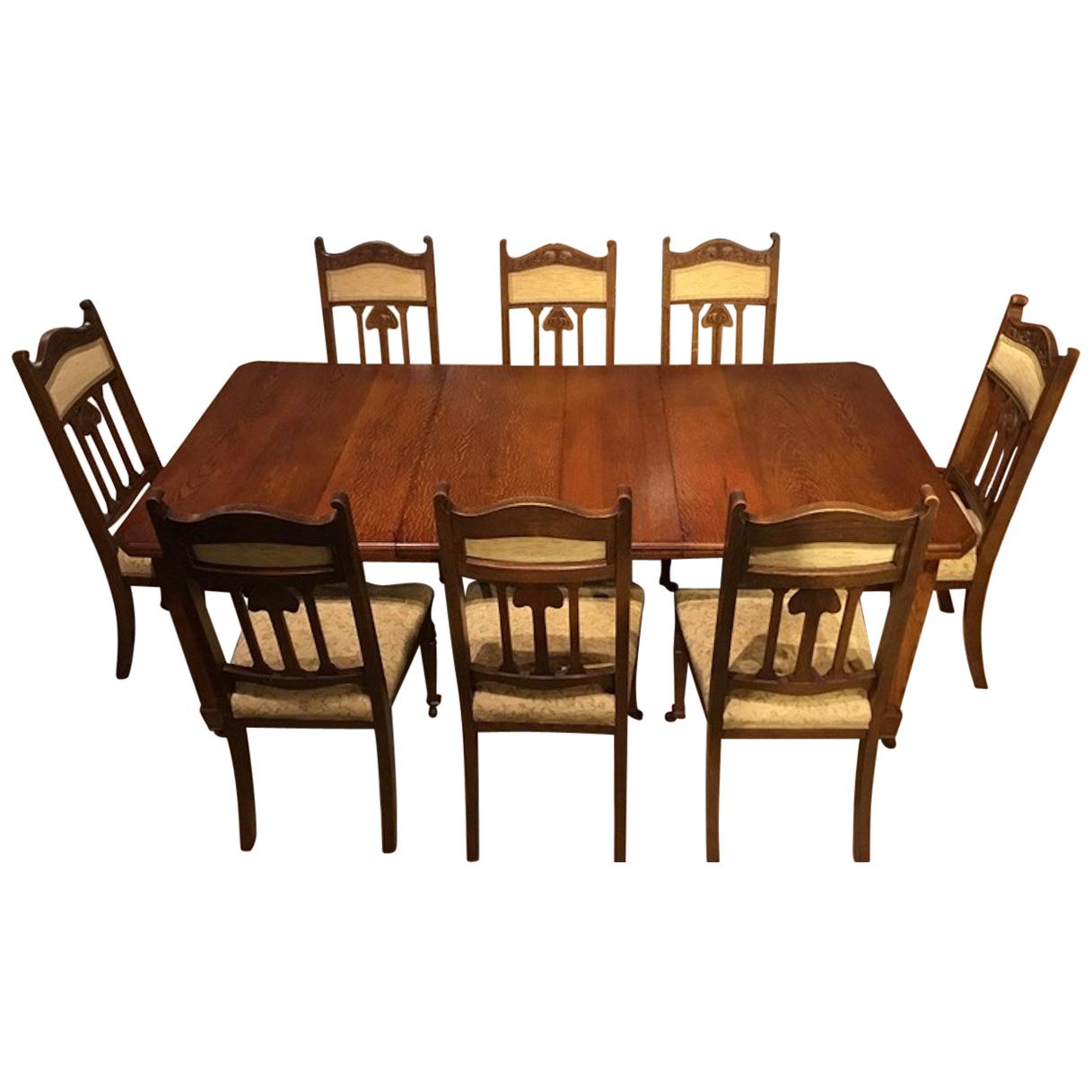 Oak Arts & Crafts Period Extending Dining Table and 8 Chairs