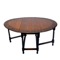 Oak Barley Twist Drop-Leaf Table with a Carved Top, English, circa 1920