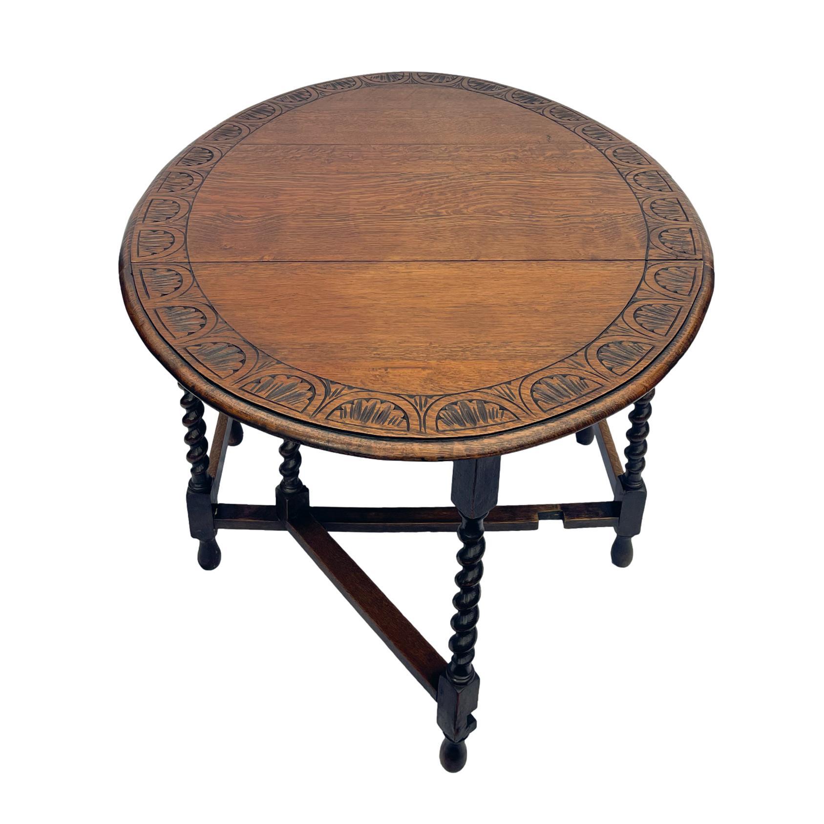 Jacobean Oak Barley Twist Drop-Leaf Table with a Carved Top, English, circa 1920 For Sale