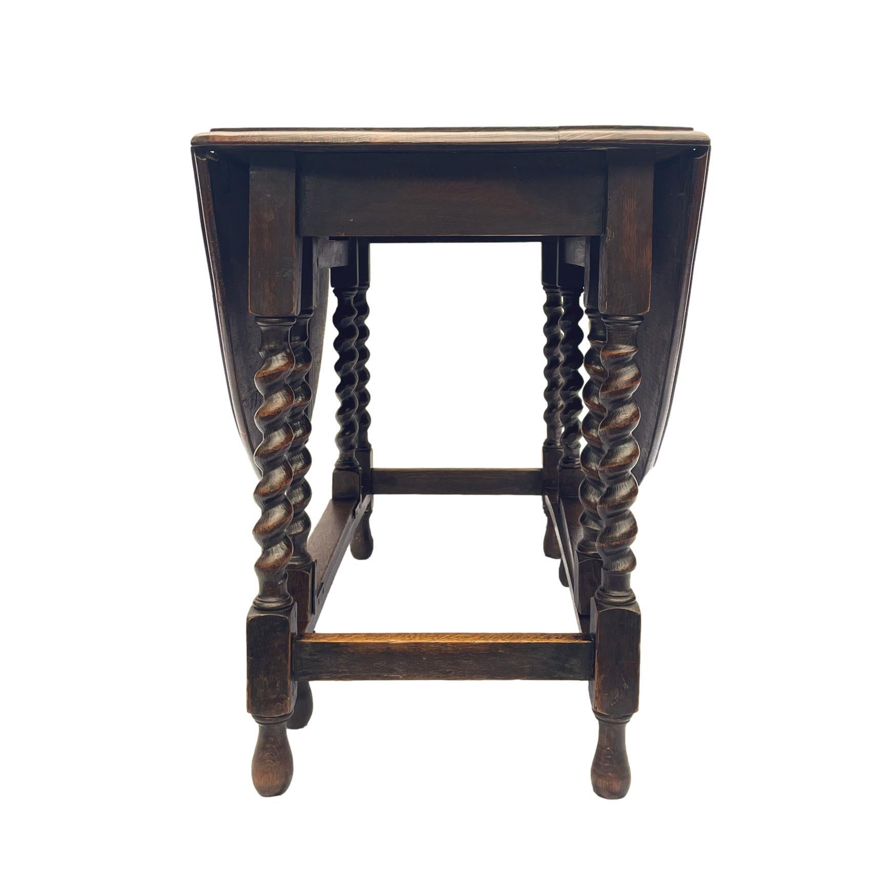 Hand-Carved Oak Barley Twist Drop-Leaf Table with a Carved Top, English, circa 1920 For Sale