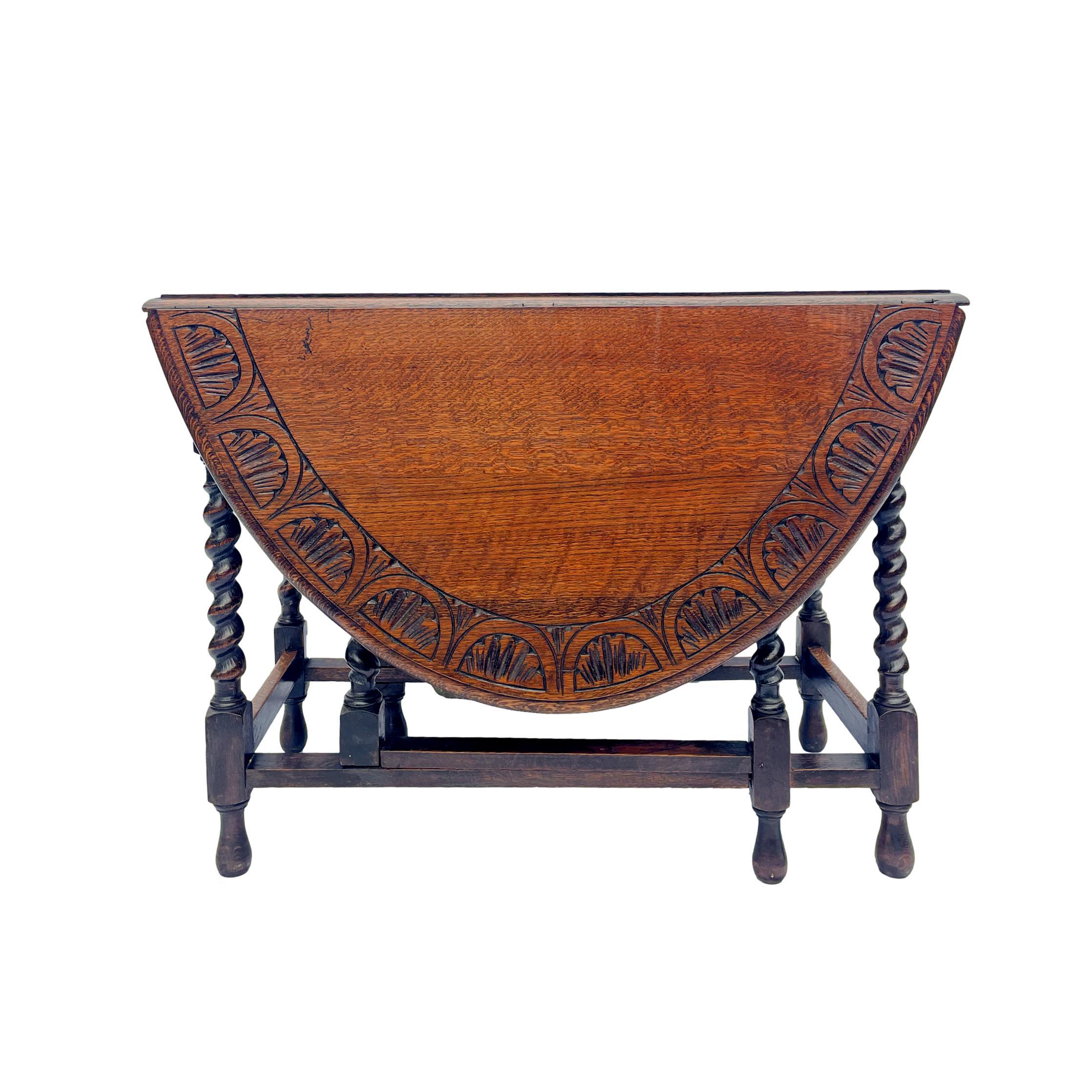 Oak Barley Twist Drop-Leaf Table with a Carved Top, English, circa 1920 In Good Condition In Banner Elk, NC