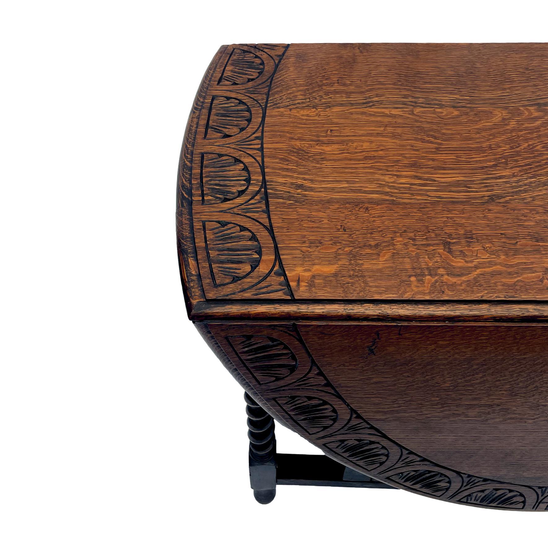 20th Century Oak Barley Twist Drop-Leaf Table with a Carved Top, English, circa 1920 For Sale