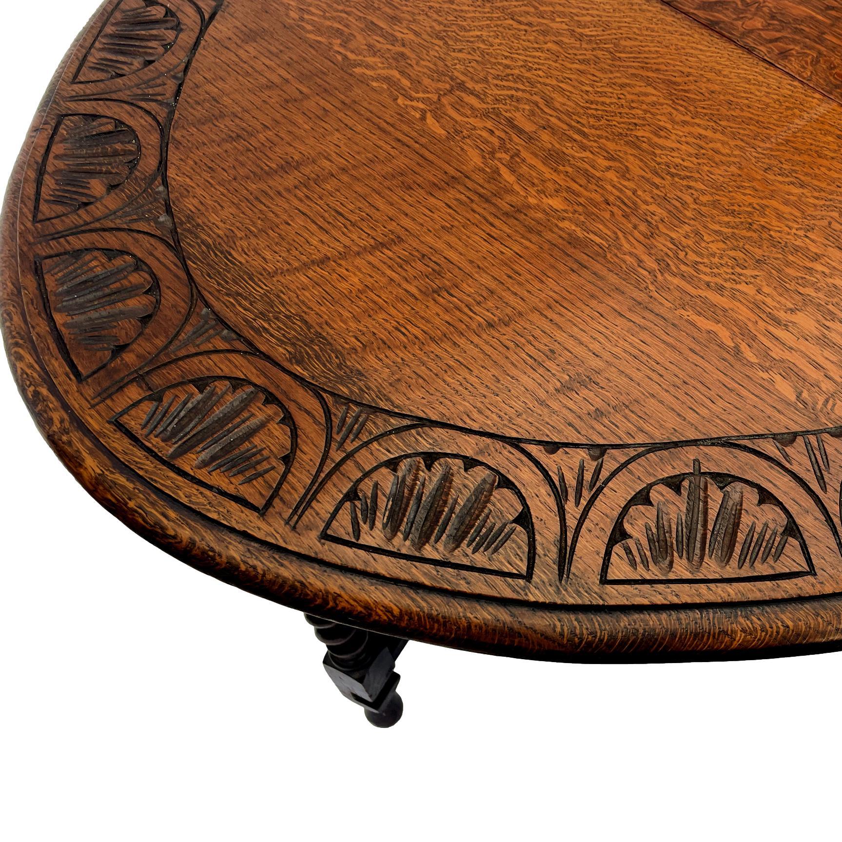 Oak Barley Twist Drop-Leaf Table with a Carved Top, English, circa 1920 For Sale 1