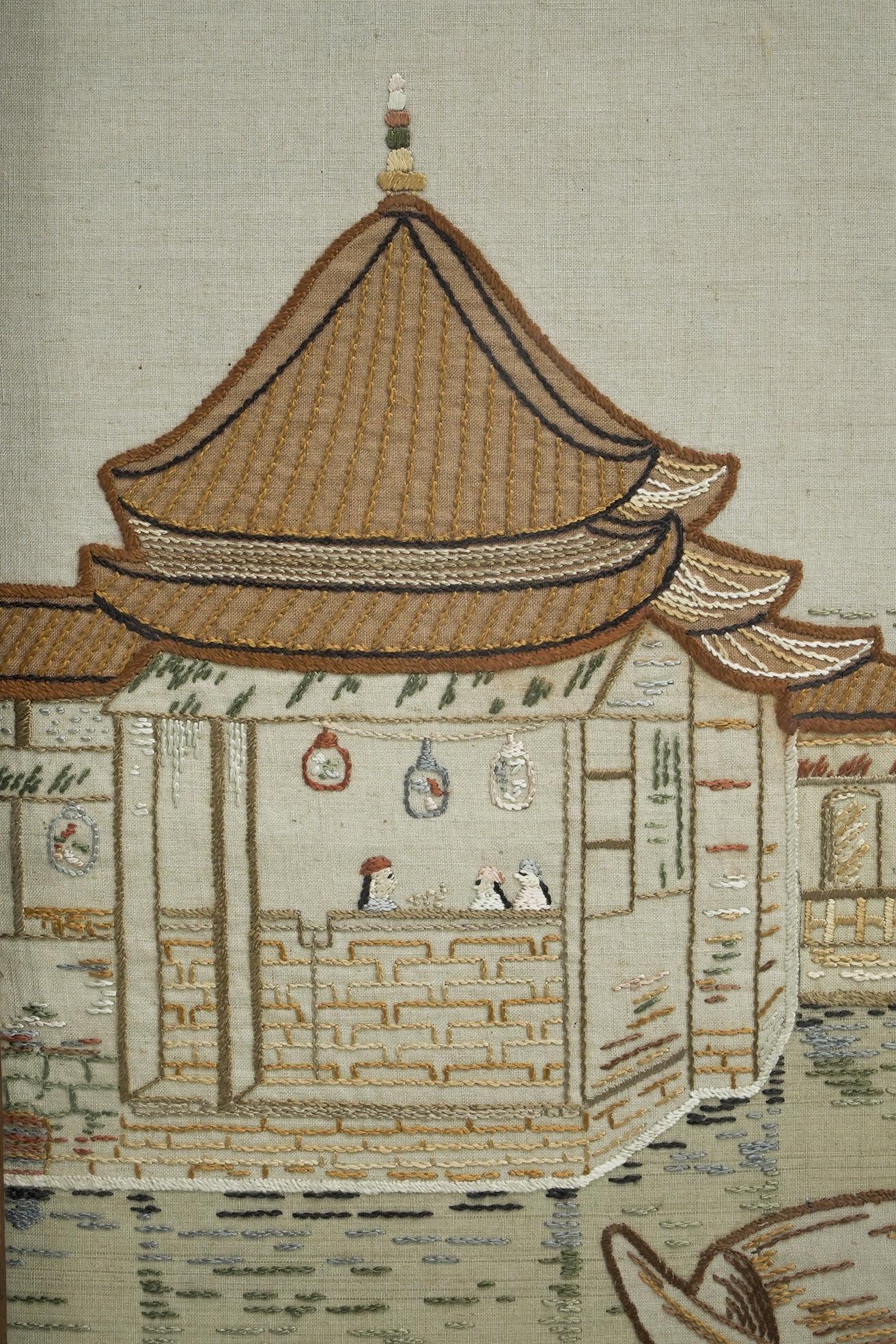 Anglo-Japanese oak firescreen with a Torri gate detail & embroidery river scene. For Sale 3