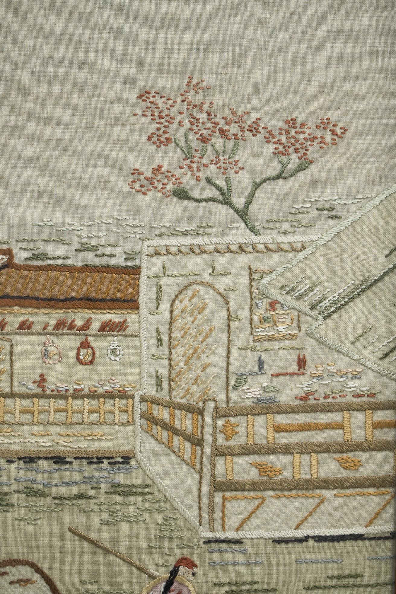 Anglo-Japanese oak firescreen with a Torri gate detail & embroidery river scene. For Sale 5