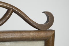 Anglo-Japanese oak firescreen with a Torri gate detail & embroidery river scene.