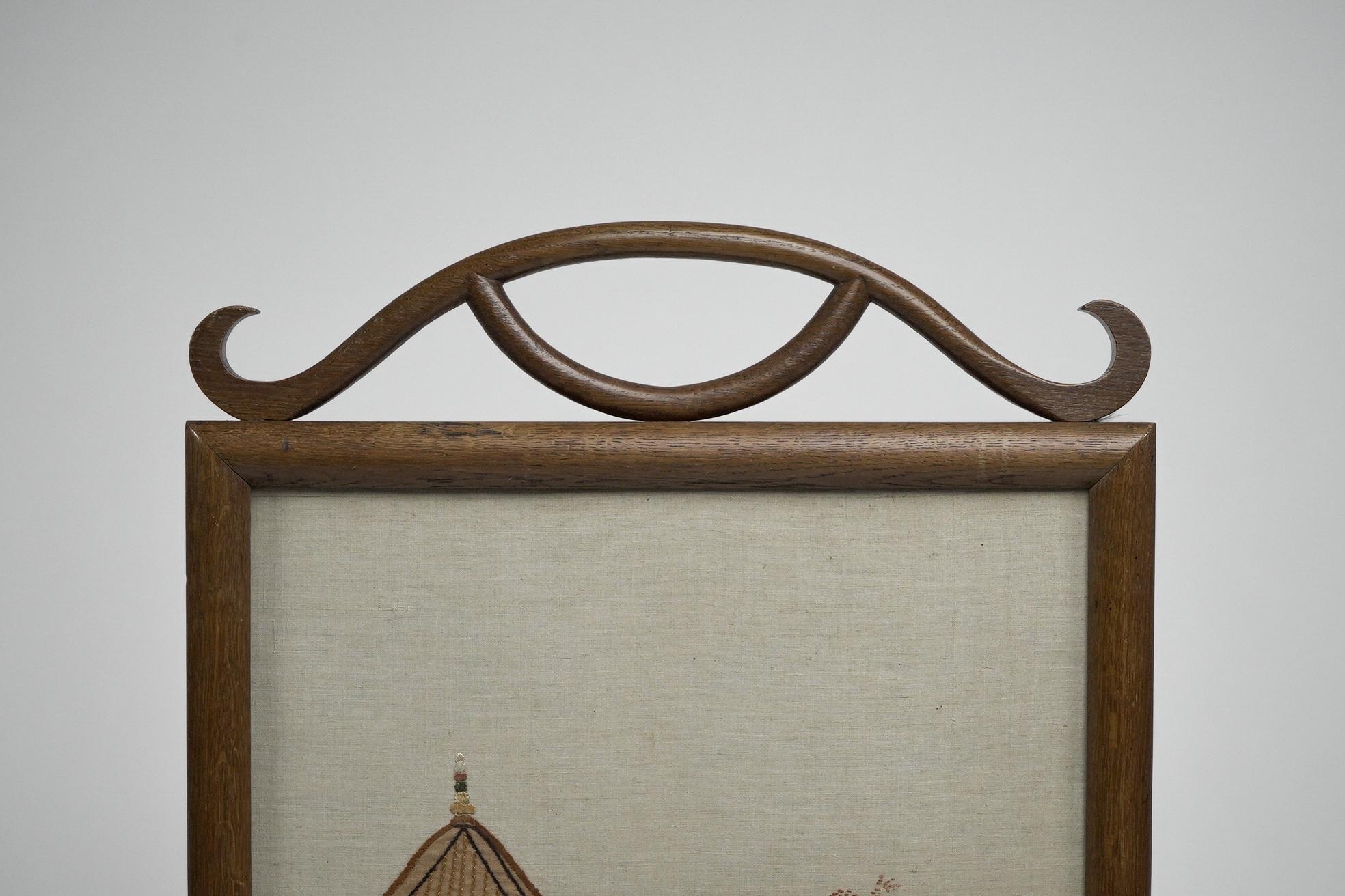 Oak Anglo-Japanese oak firescreen with a Torri gate detail & embroidery river scene. For Sale