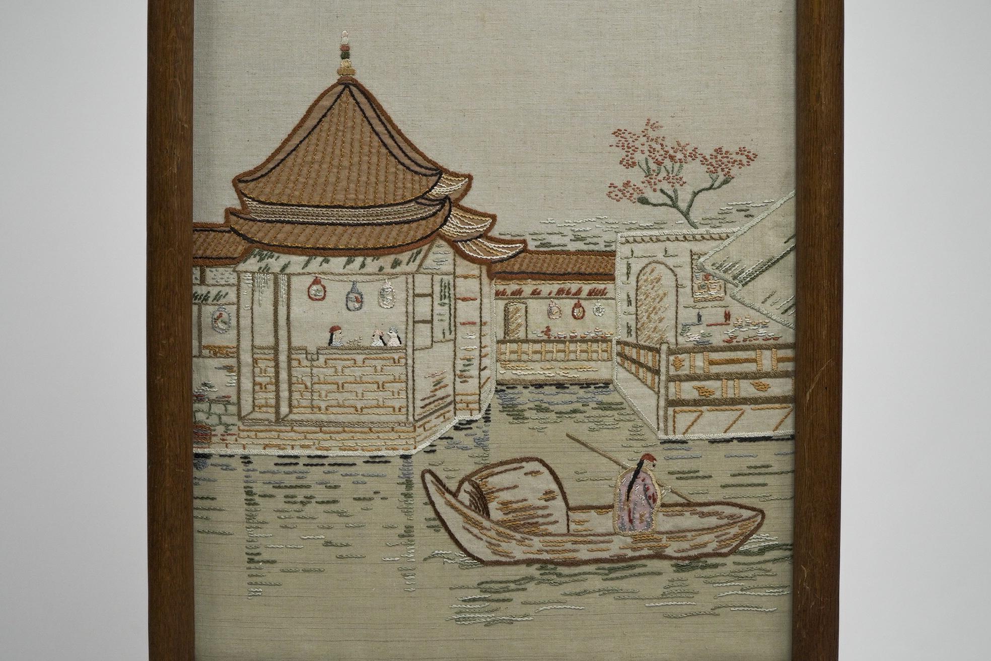 Anglo-Japanese oak firescreen with a Torri gate detail & embroidery river scene. For Sale 2