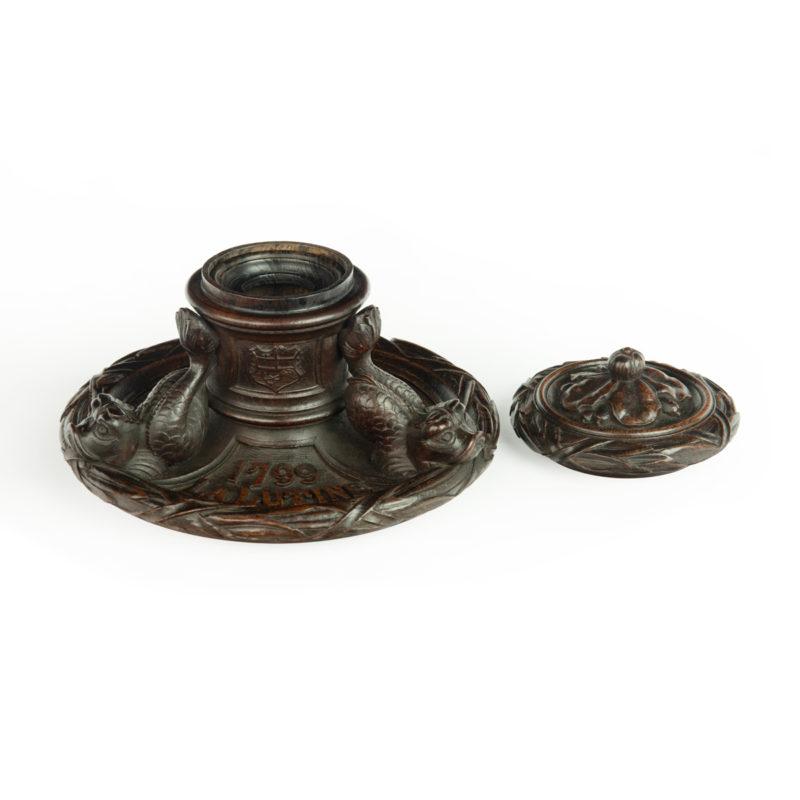 Oak An oak inkwell carved from Lutine timber, dated 1799 For Sale
