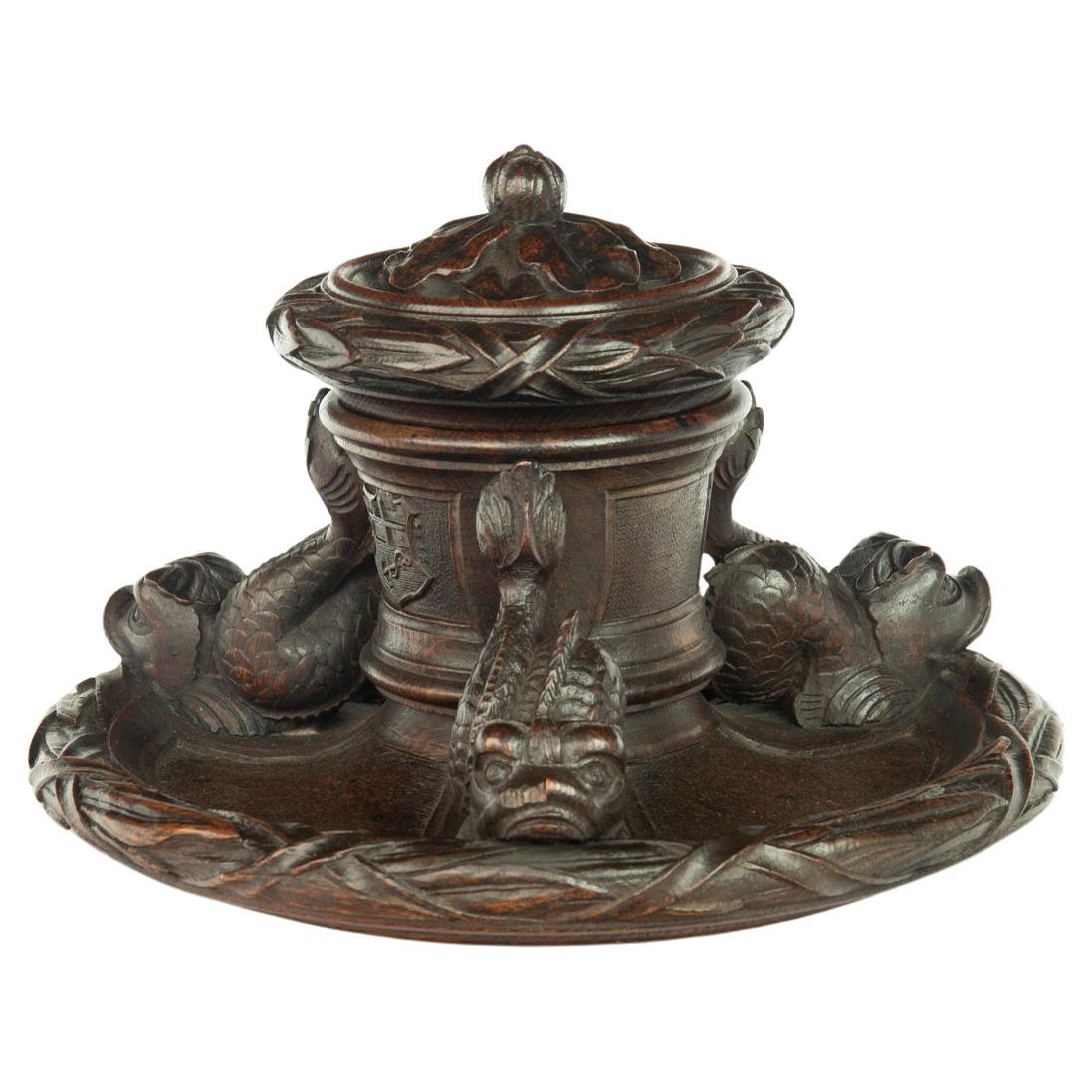 An oak inkwell carved from Lutine timber, dated 1799 For Sale