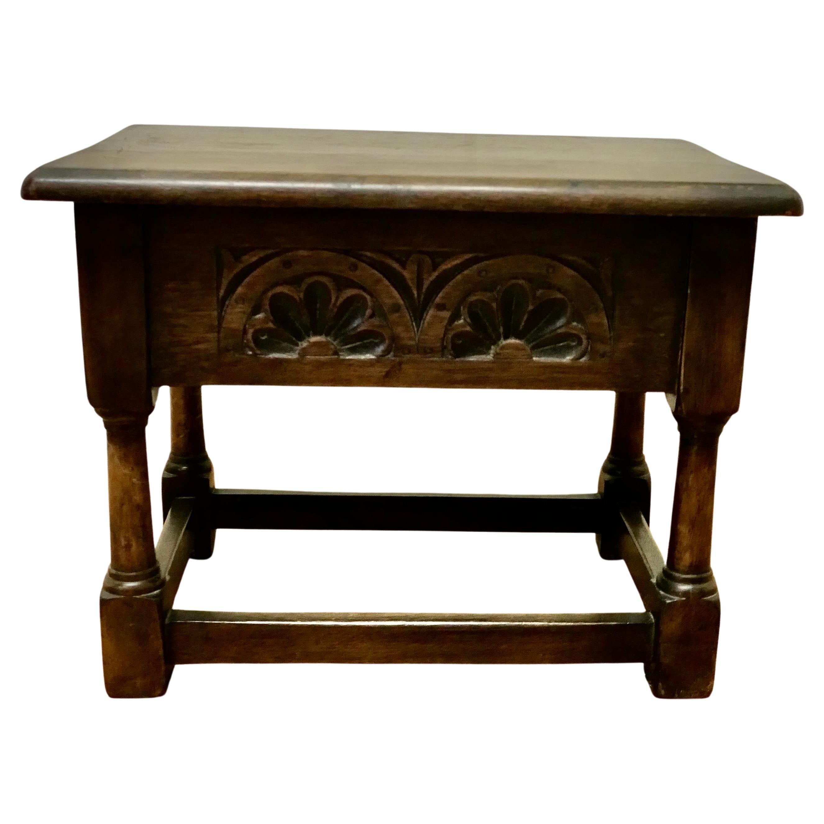 An Oak Joint Coffin Stool, Occasional Table, Sewing Box