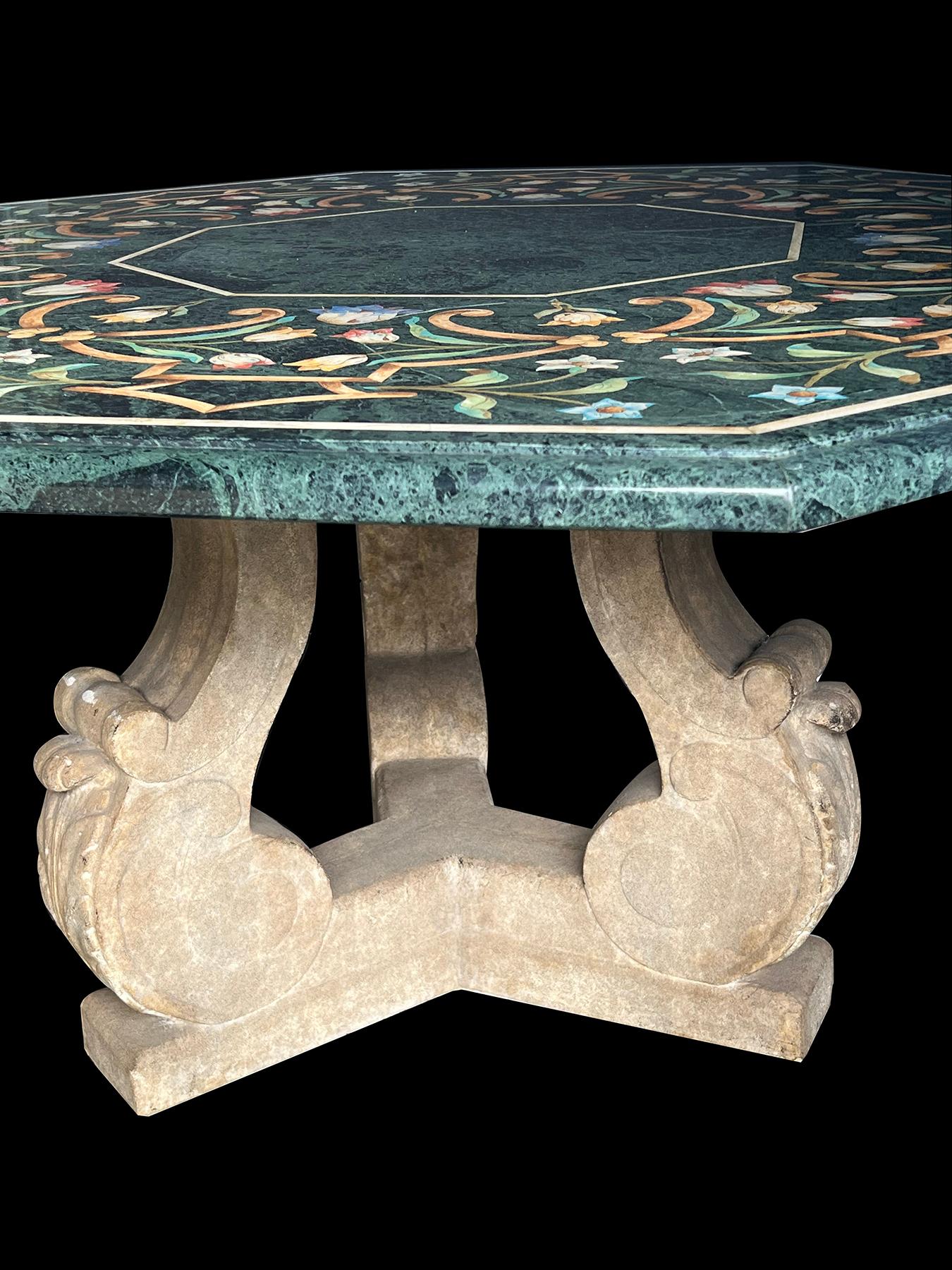 An Octagonal Center Table with Verde Antico Top & Michael Taylor Faux Stone Base For Sale 2
