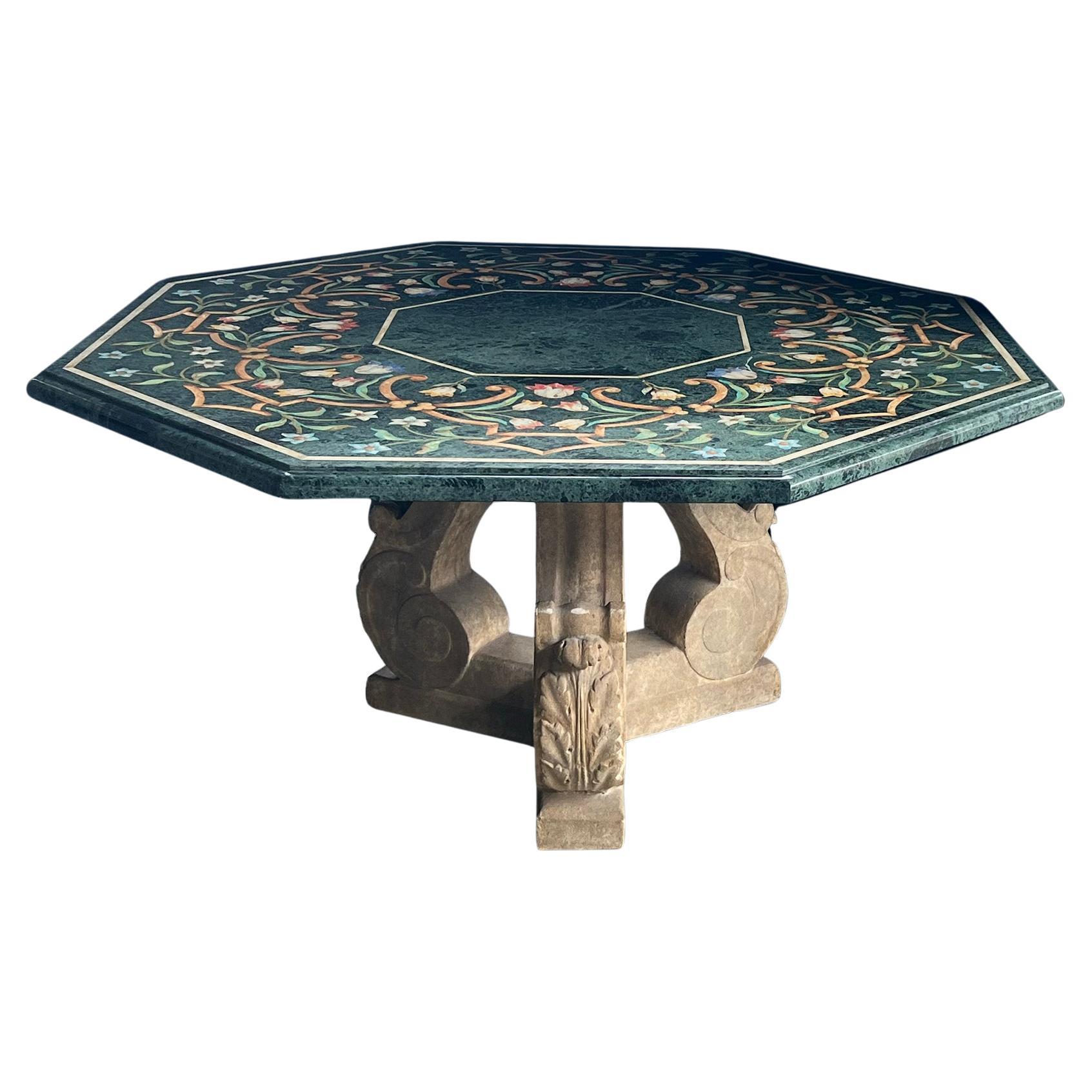 An Octagonal Center Table with Verde Antico Top & Michael Taylor Faux Stone Base For Sale