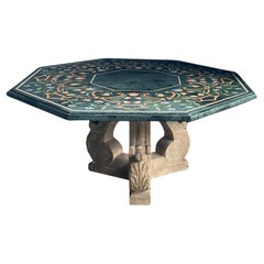 Vintage An Octagonal Center Table with Verde Antico Top & Michael Taylor Faux Stone Base