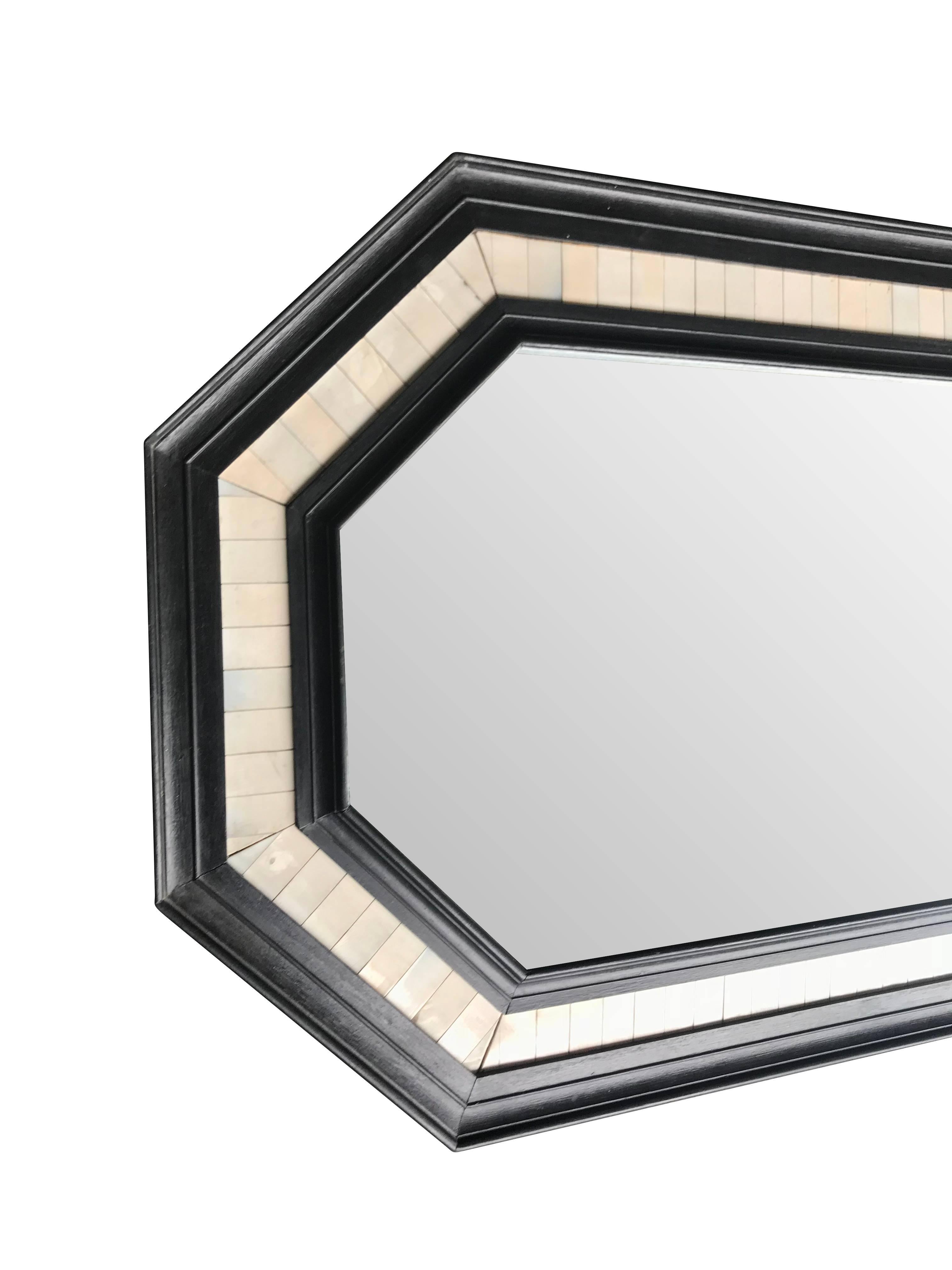 Octagonal Ebonized Wooden Framed Mirror with Bone Inlay Surround 4