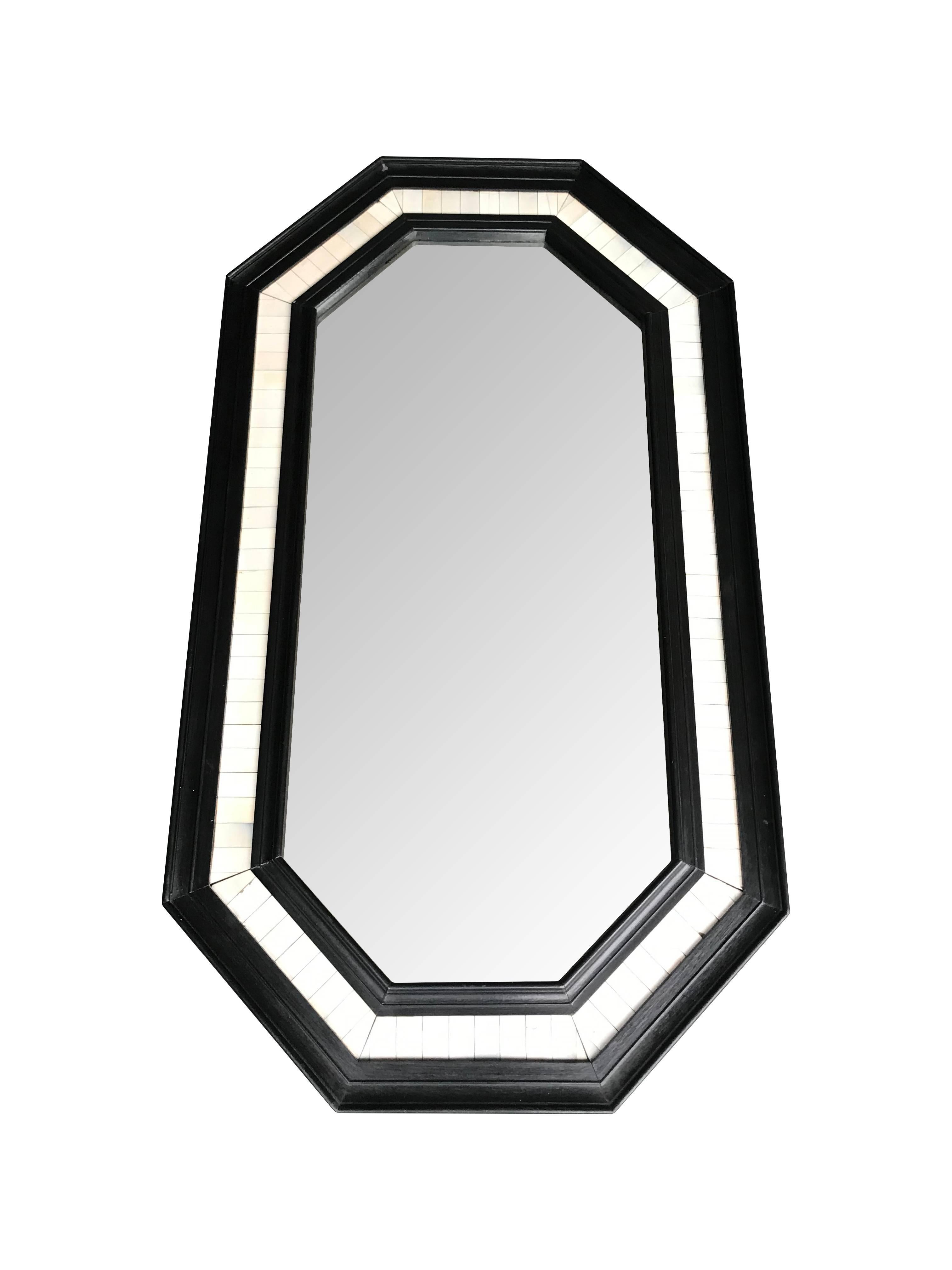 Mid-Century Modern Octagonal Ebonized Wooden Framed Mirror with Bone Inlay Surround