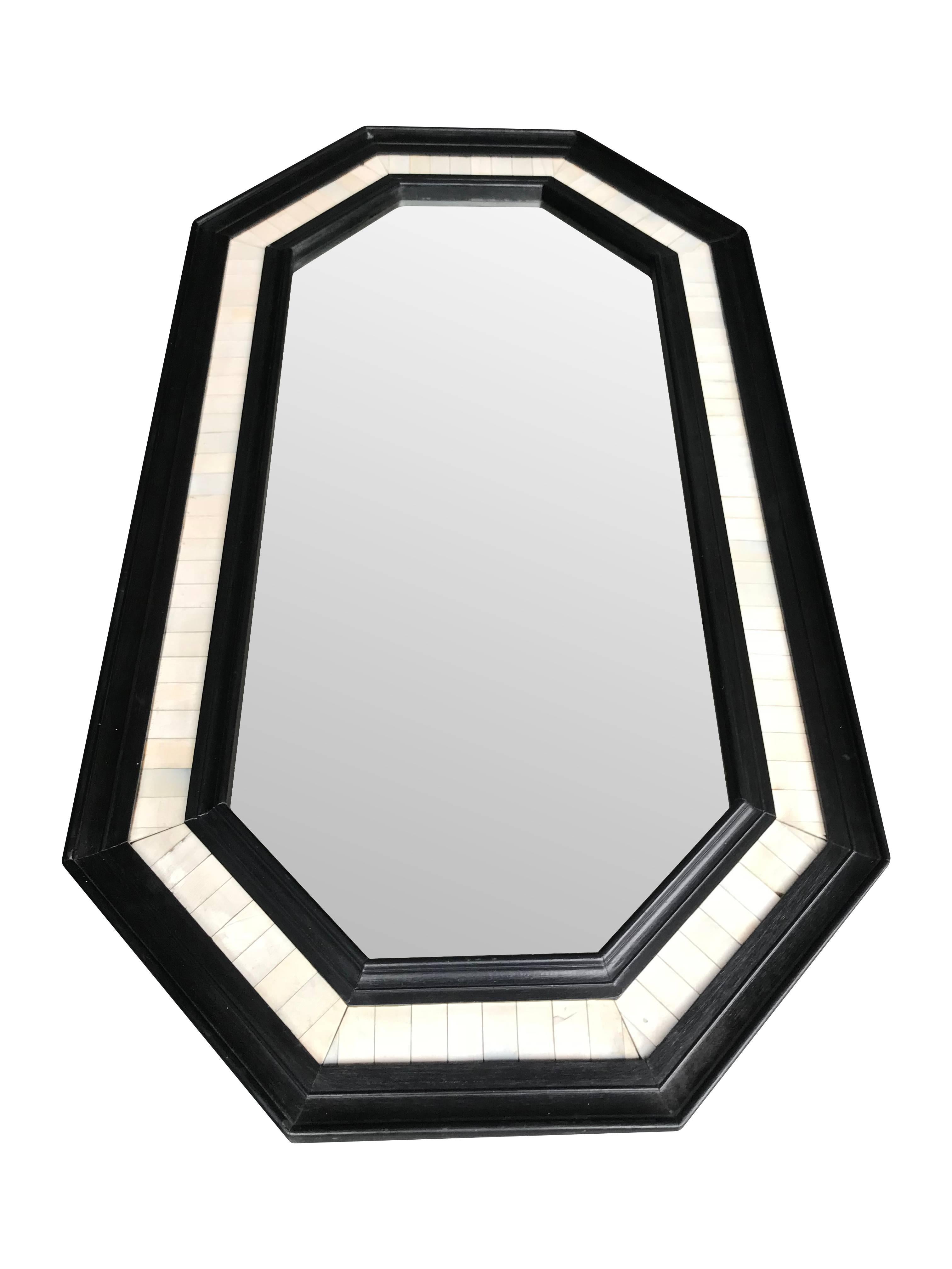 French Octagonal Ebonized Wooden Framed Mirror with Bone Inlay Surround